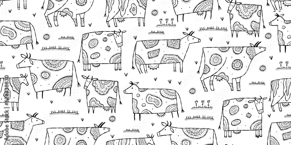 Stylish Ethnic Cows family on meadow. Seamless pattern background. Colouring page. Vector Illustration