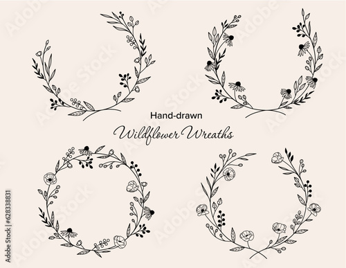 Minimal Wildflower Wreaths, Hand-drawn, Vector Floral Wreath Set, Poppy, Daisy
