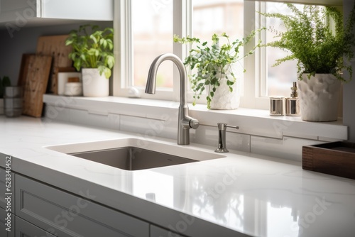 Obraz na płótnie A kitchen counter with a sink that is white in color, located in someone's home. w salonie