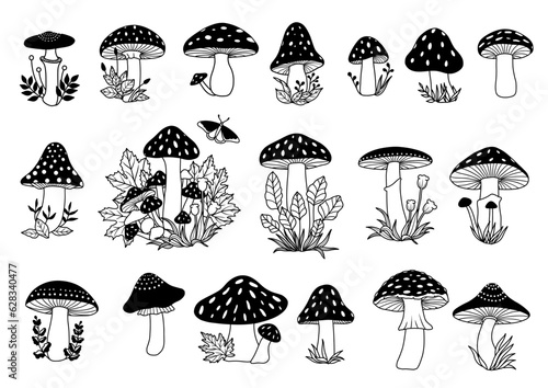 Mushroom Vector Clip Art, Mushroom Doodle Set, Hand drawn Mushroom Bundle, Autumn Mushrooms, Vector Fungi Design, Black & White Mushroom Line Drawing