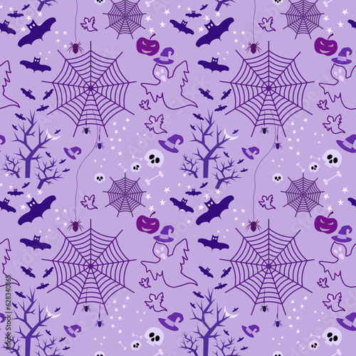 Happy Halloween. Seamless pattern with pumpkins, skulls, spider's web, ghosts, monsters, witch hat. Trick or treat. Vector illustration. Background.
