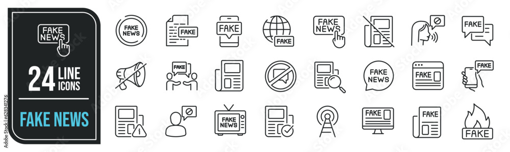 Fake news minimal thin line icons. Related hoax, propaganda, press, news, statement. Editable stroke. Vector illustration. - obrazy, fototapety, plakaty 