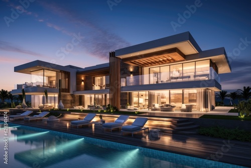 Foto A contemporary luxurious villa, captured during the twilight hour with an emphasis on its exterior