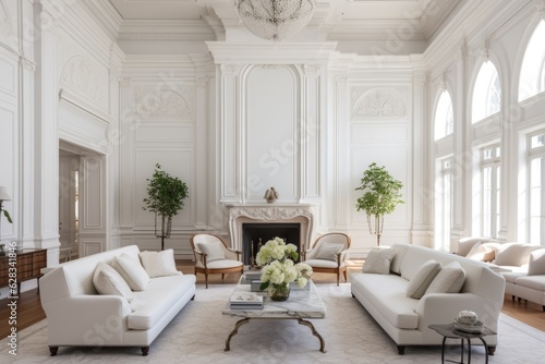 A large, bright, and elegant room in a historic mansion, designed in the classical style of the 19th century, boasting a lofty ceiling adorned with white stucco accents against pristine white walls.