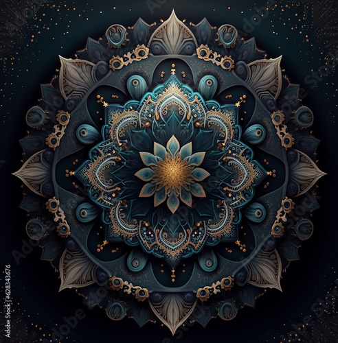 A digital painting of a mandala with gold and blue colors_Mandala in Dark Background
