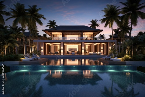 A high-end residence featuring a pool, situated in a luxurious villa resort in a tropical setting.