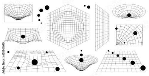 Abstract 3D wireframe shapes, perspective grids and heart. Y2K futuristic retro aesthetic set. Surreal black line and cicrle geometry figures. Vector design elements isolated on white background.