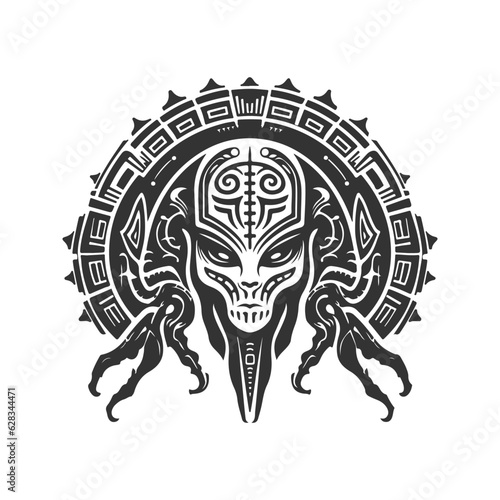 alien artifact, vintage logo line art concept black and white color, hand drawn illustration