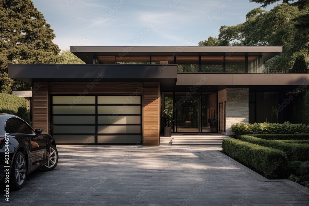 A contemporary suburban residence featuring a garage with an overhead door for entry.