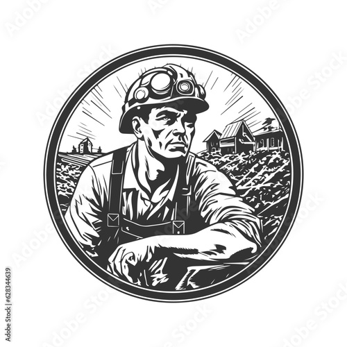 aloof laborer, vintage logo line art concept black and white color, hand drawn illustration