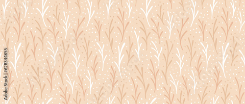 Seamless floral beige pattern. Simple stylized leaves and dots repeating background. Vintage rural wallpaper. Nude colored print for textile and fabric. Vector illustration.
