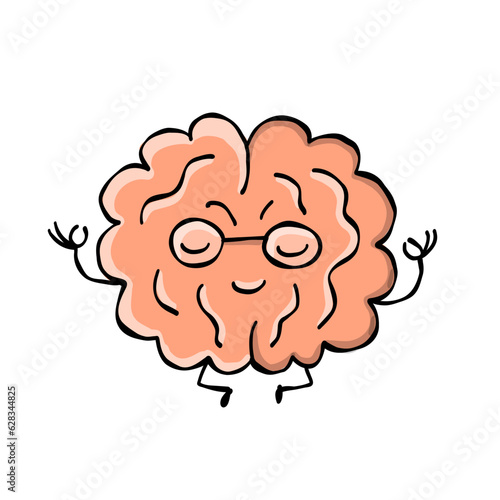 Happy healthy brain mind character, meditation yoga relax. Health brain mental organ sit in lotus, keep calm