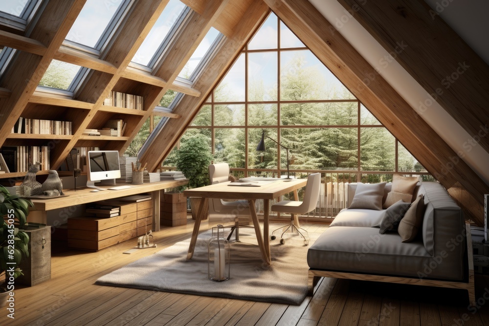 A home office within a living room, featuring wooden flooring and a loft area resembling an attic.