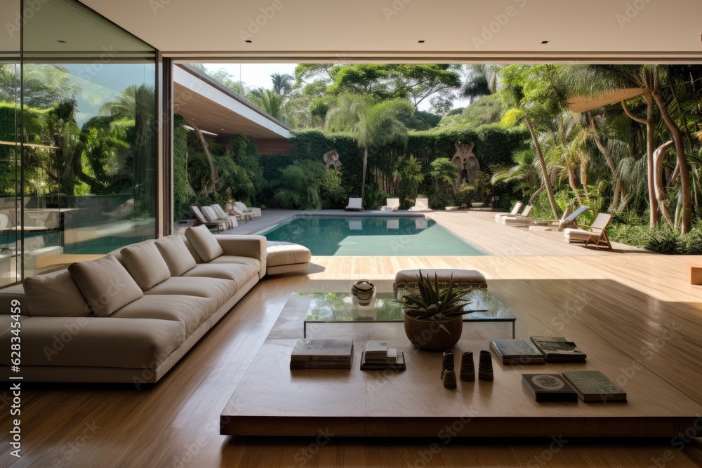 A contemporary living room with a view of the garden and pool, and no one present.