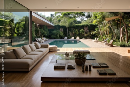 A contemporary living room with a view of the garden and pool  and no one present.