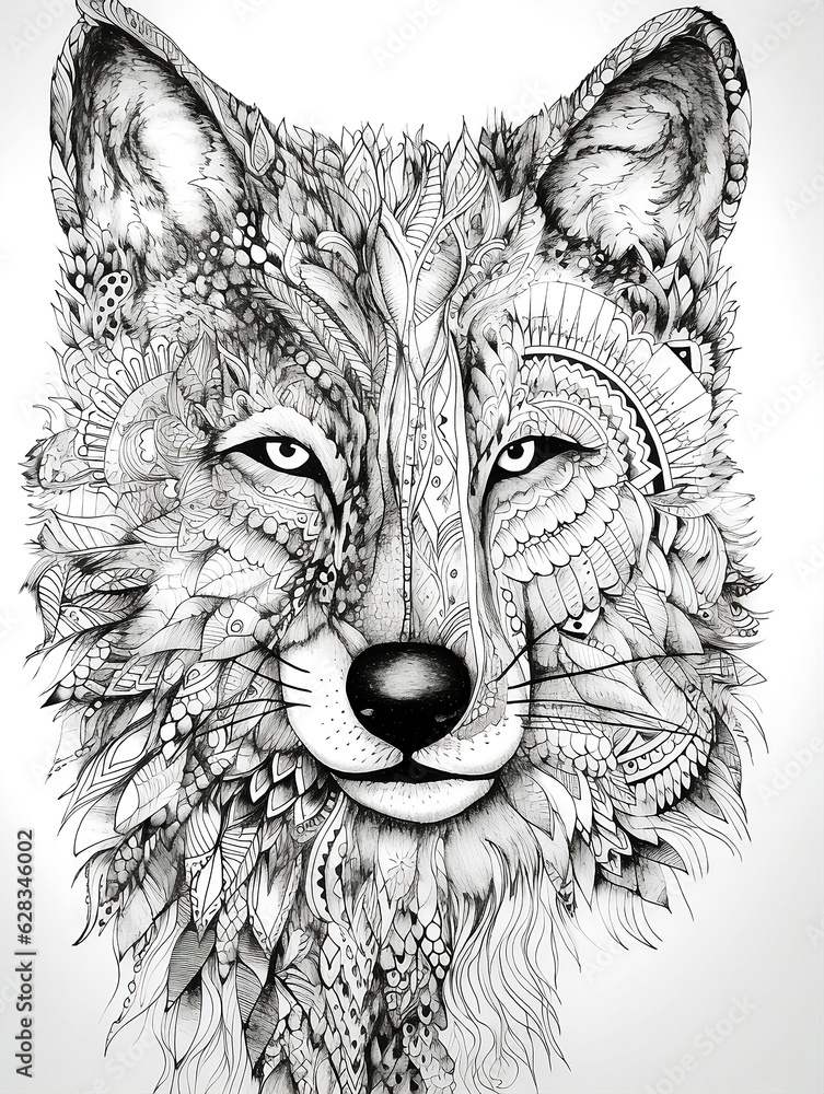 Mandala wolf head coloring page for adults. Animal coloring page for ...