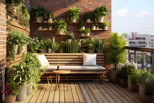 A contemporary balcony garden featuring a brick wall, a wooden bench, and various types of plants.
