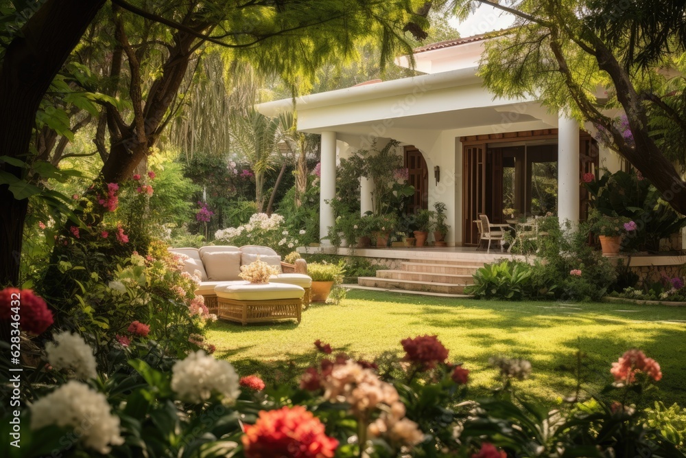 A comfortable residence adorned by attractive gardens under the pleasant sunlight.