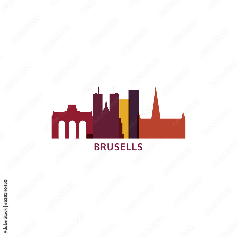 Belgium Brussels city cityscape skyline capital panorama vector flat modern logo icon. Bruxelles Europe emblem idea with landmarks and building silhouettes