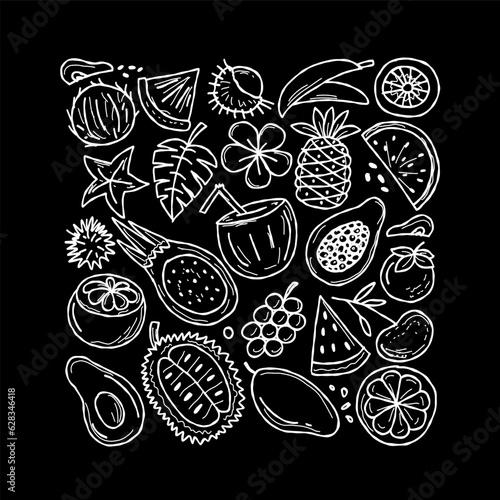Tropical fruits collection. Square frame for your design. White on black back...