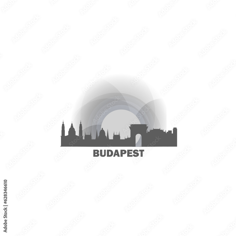 Hungary Budapest cityscape skyline capital city panorama vector flat modern logo icon. Eastern Europe Danube region emblem idea with landmarks and building silhouettes at sunset sunrise