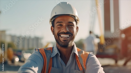 Portrait of a Construction Engineer smiling at construction site, Generative ai