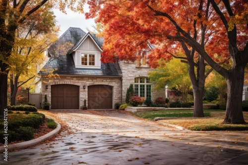 A home located in the suburbs of Dallas-Fort Worth in North America, featuring an attached garage and being a single-detached dwelling. The surrounding area showcases vibrant autumn foliage. © 2rogan