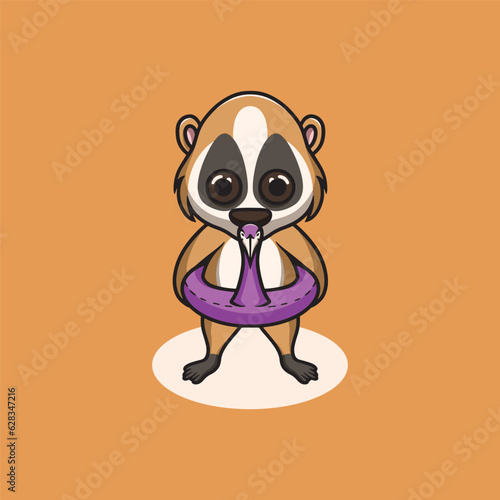 cute slow loris wearing duck floater cartoon illustration