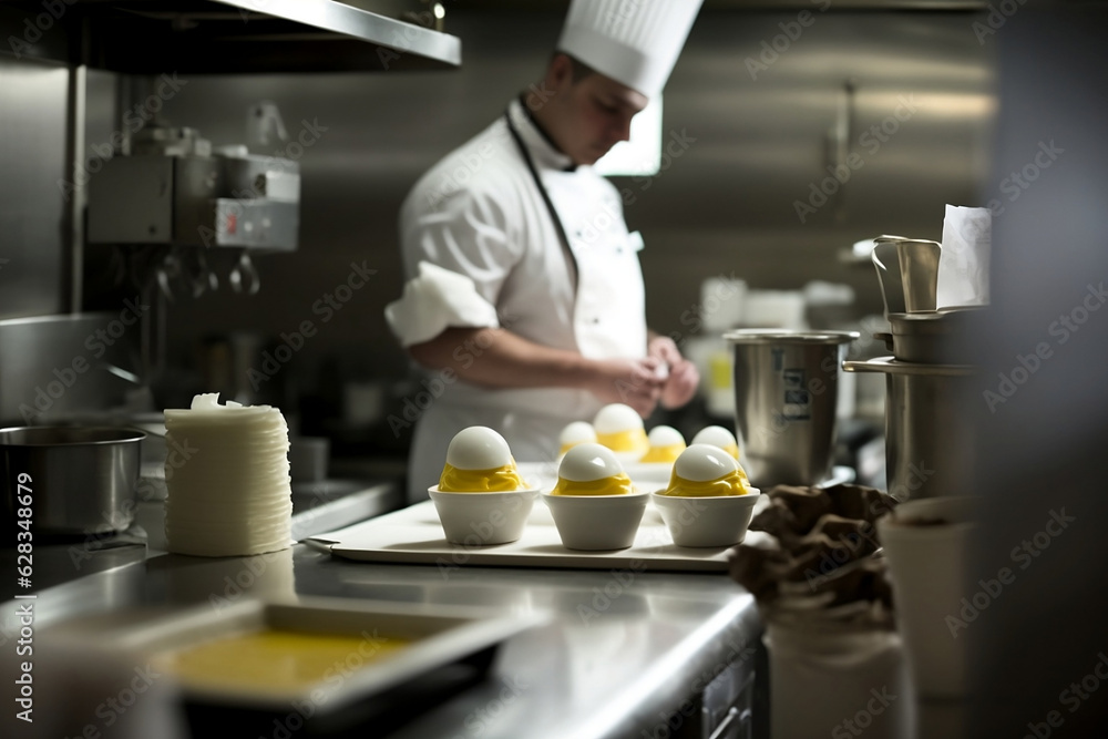 A chef's kitchen with a focus on egg-based sauces. A chef's kitchen with a focus on egg-based sauces.