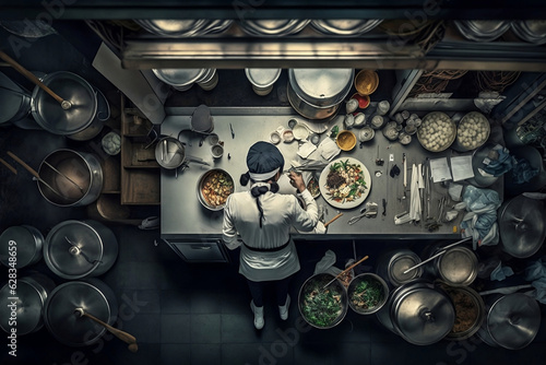 A chef in a busy restaurant kitchen, trying to prepare multiple dishes at once. © Noor