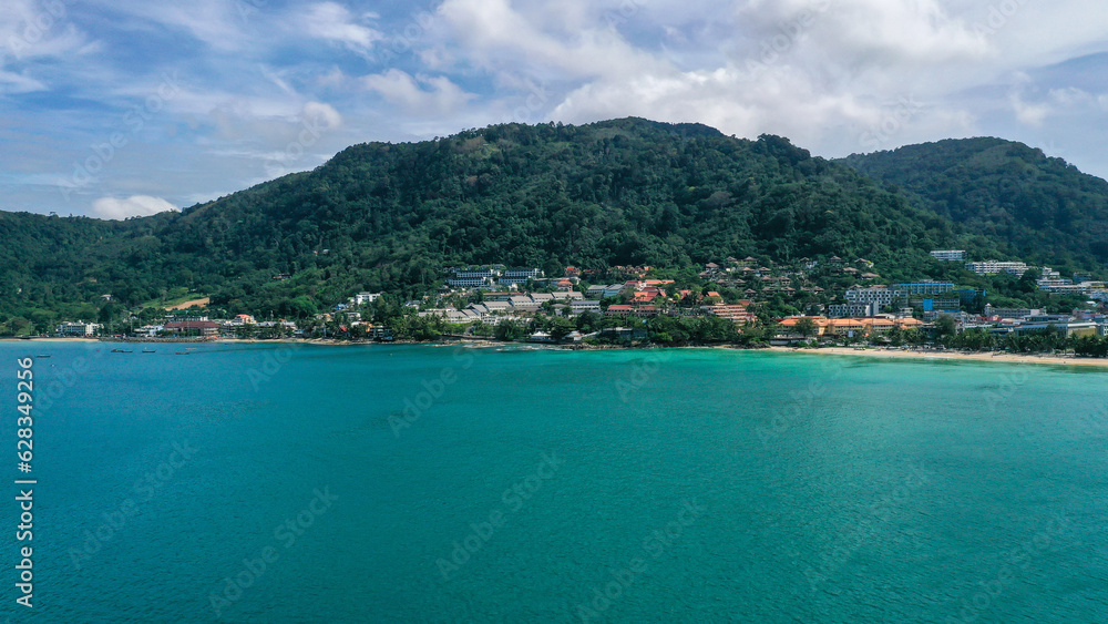 Aerial view of sea front hotels and apartments and in Patong beach, Phuket island, Thailand.