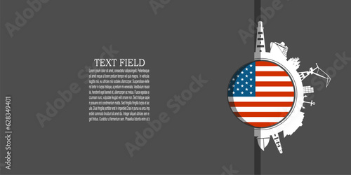 Circle with sea shipping and travel relative silhouettes. Objects located around the circle. Industrial design background. Flag of USA