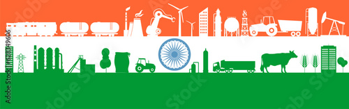 Energy, manufacturing and power icons set. Header or footer banner. Sustainable energy generation, transportation, agriculture and heavy industry. Flag of India
