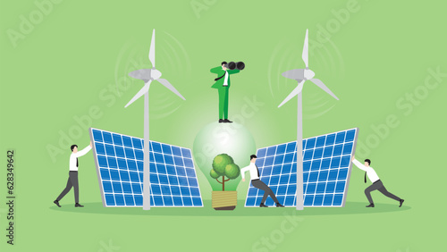 Green energy concept. Vision businessman uses binoculars on a tree light bulb, wind turbine generator power, and solar cells with team support. ESG, Renewable, Alternative, and Sustainable Environment