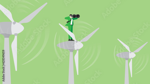 Green energy concept. Vision businessman uses binoculars on wind turbine generator power. ESG, Renewable, Alternative, Sustainable Environmental policy, Carbon footprint reduction, Net zero emission.