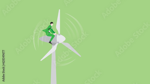 Green energy concept. A businessman ride on a wind turbine generator power windmill. ESG, Renewable, Alternative, Sustainable Environmental policy, Carbon footprint reduction, and Net zero emission.