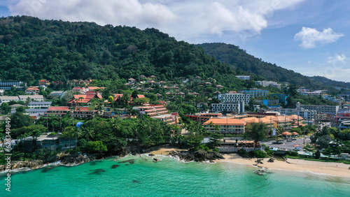 Aerial view of sea front hotels and apartments and in Patong beach, Phuket island, Thailand.