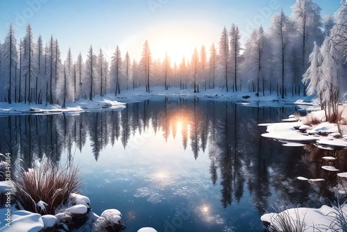  AI Generated lake view with forest and river in winter background © Ahtesham