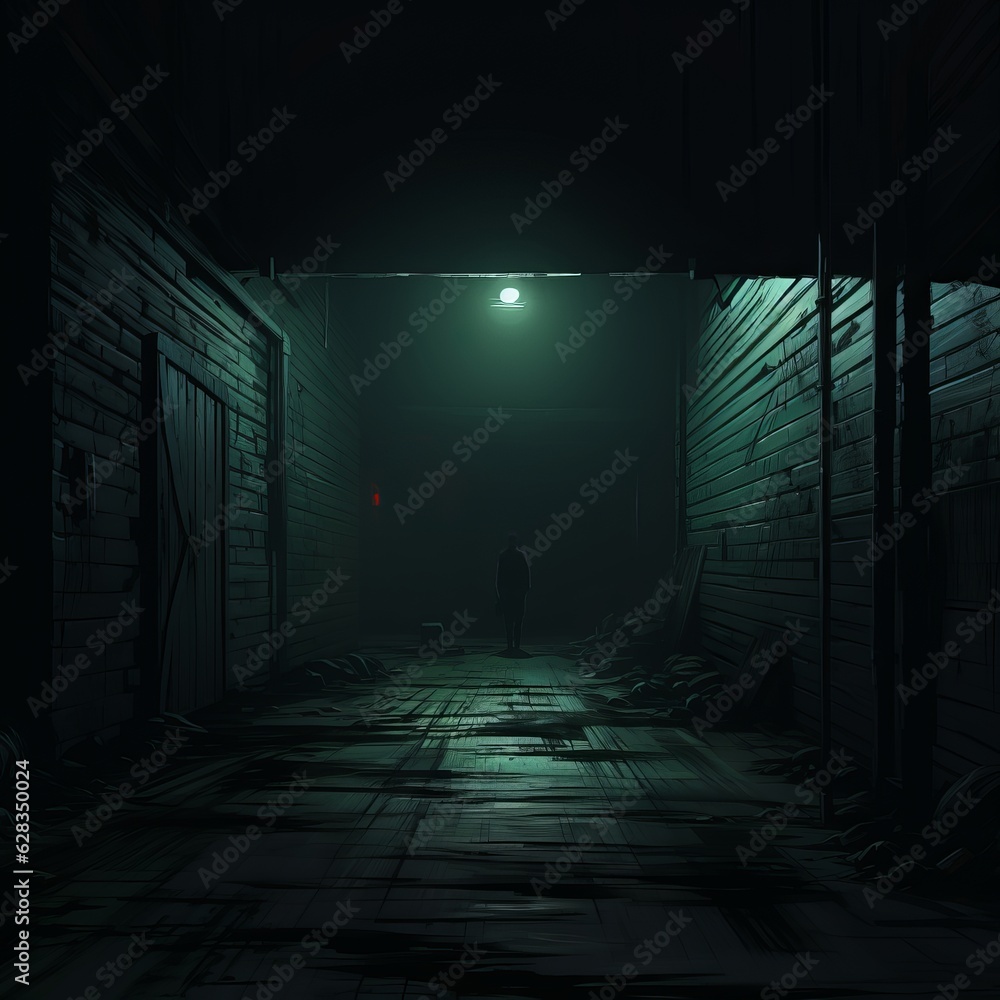 Illustration of an enigmatic door positioned at the end of a shadow-filled, eerie corridor invites intrigue.
