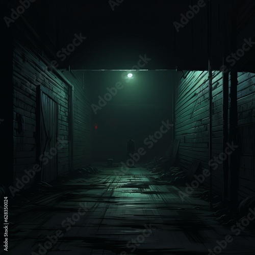Illustration of an enigmatic door positioned at the end of a shadow-filled, eerie corridor invites intrigue.
