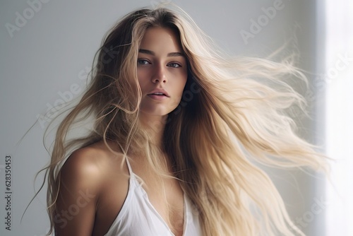 A minimalistic portrait of an elegant model with trendy long hair  blurred reality and crisp beauty intertwining.