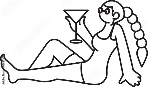 Woman Chilling And Drinking Vector Summer Outline Illustration