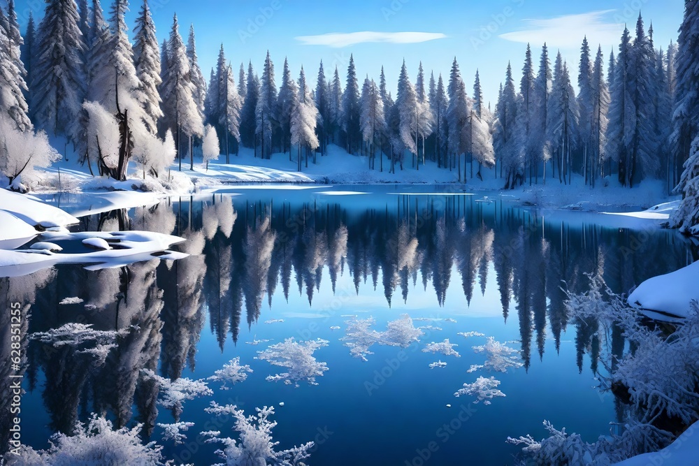 AI Generated lake view with forest and river in winter background