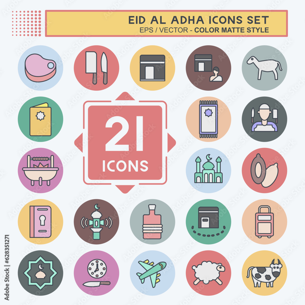 Icon Set Eid Al Adha. related to Islamic symbol. Color Mate Style. simple design editable. simple illustration Icon Set Eid Al Adha. related to Islamic symbol. Color Mate Style. simple design editable. simple illustration