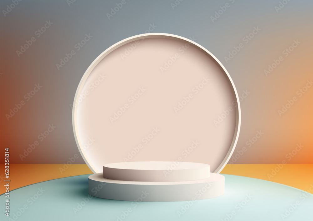 3D Realistic Beige Podium with Circle Backdrop on Soft Blue Floor and Gradient Background 3D Realistic Beige Podium with Circle Backdrop on Soft Blue Floor and Gradient Background