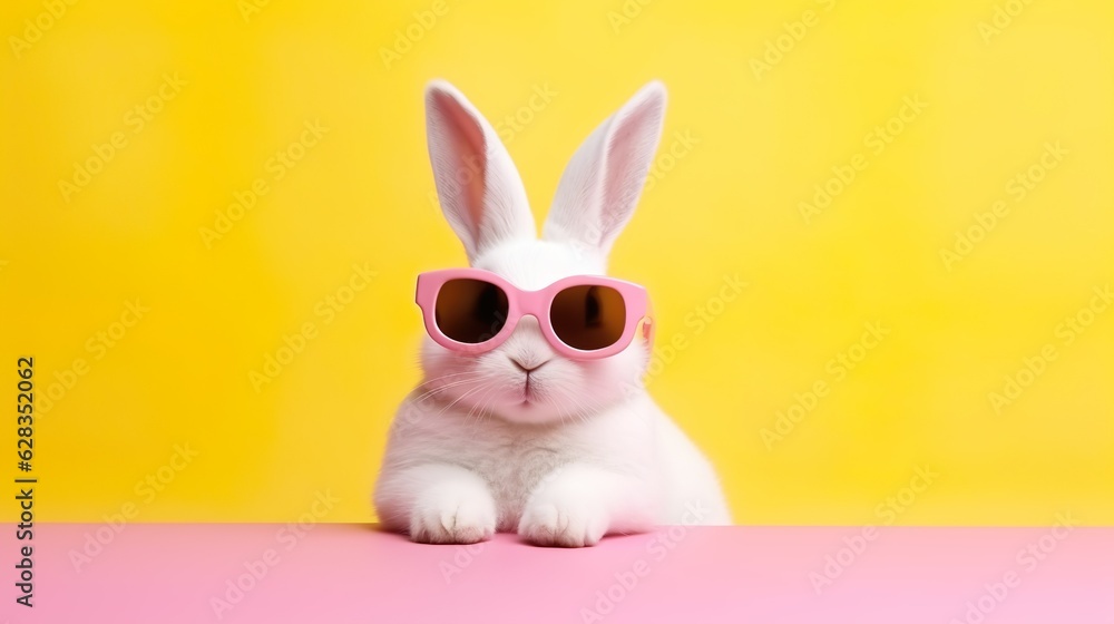 Fototapeta premium Funny rabbit wearing sunglasses on yellow pastel color background. Generative AI.