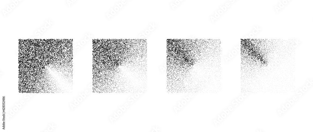 Fading square gradient set. Black dotted texture element collection. Stippled shade object pack. Noise grain dotwork shapes. Radial halftone effect bundle. Vector illustration