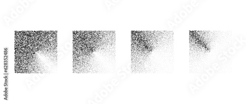 Fading square gradient set. Black dotted texture element collection. Stippled shade object pack. Noise grain dotwork shapes. Radial halftone effect bundle. Vector illustration