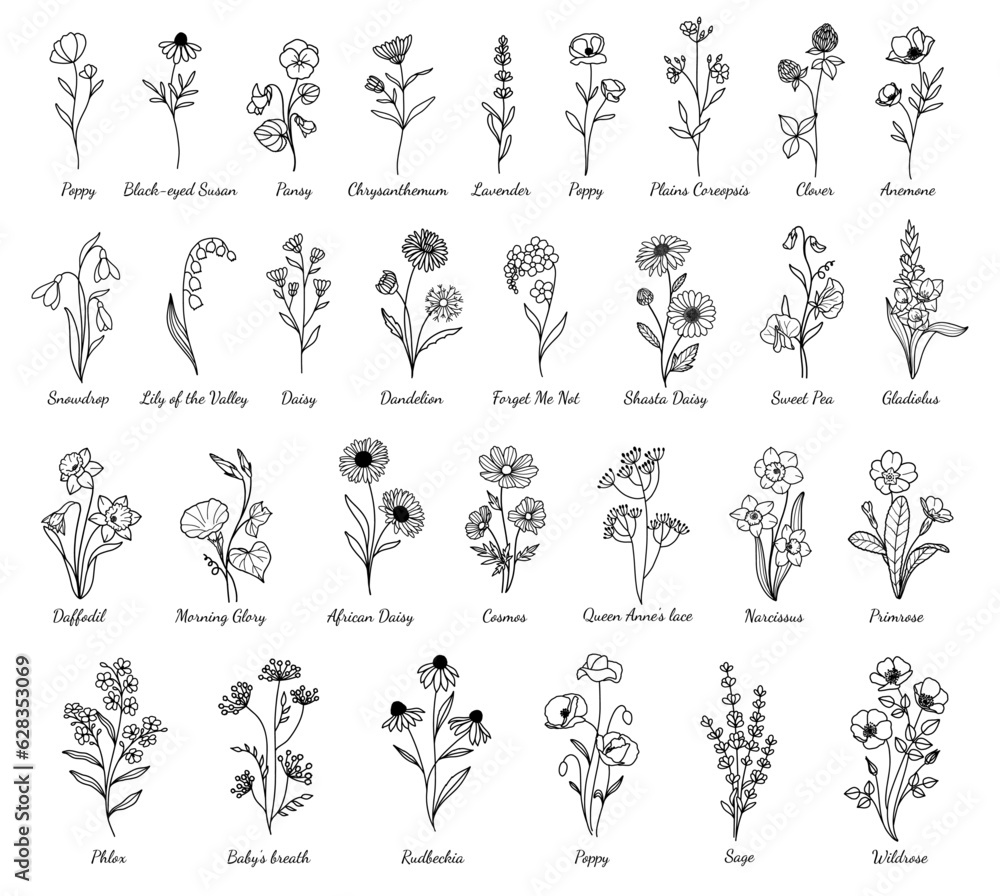 Minimal Wildflower Set, Minimalistic Flowers Doodle, Hand-drawn, Vector Wildflower & Flower Design, For Tattoo, Cricut, Laser Cut, Branding, Wedding Minimal Wildflower Set, Minimalistic Flowers Doodle, Hand-drawn, Vector Wildflower & Flower Design, For Tattoo, Cricut, Laser Cut, Branding, Wedding