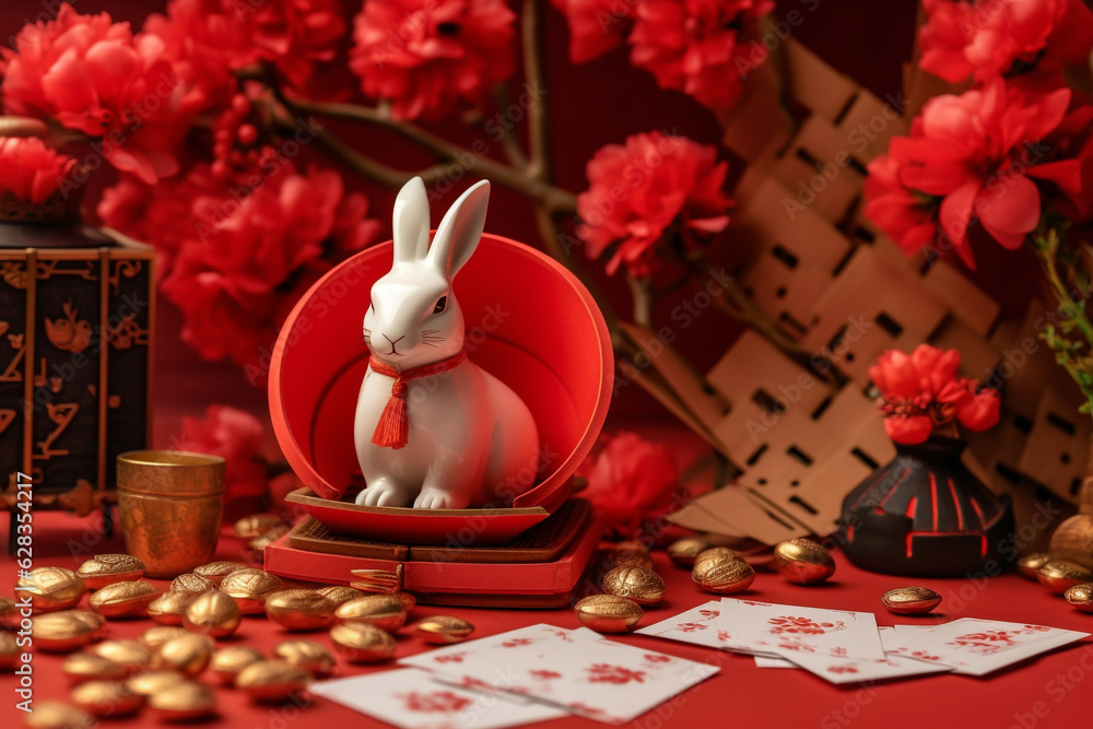 Chinese Lunar New Year concept. Greeting for Chinese Rabbit New Year with red envelope. The Chinese word means happiness or good fortune